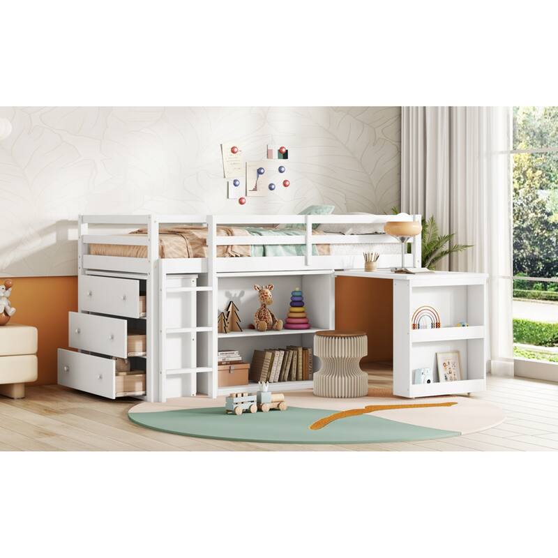 Roomfitters Twin Rubber Wood Loft Bed with Storage Cabinets and Pull-Out Desk, Safety Guardrail and Ladder