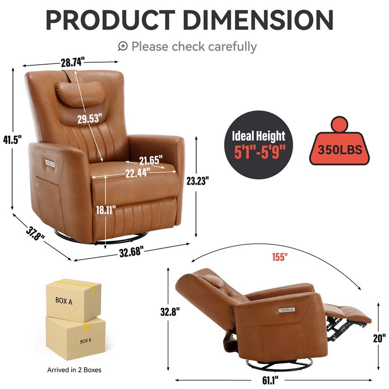 Swivel and Rocker Power Recliner Chair w/Lumbar & Neck Support Pillow - Yellow Brown