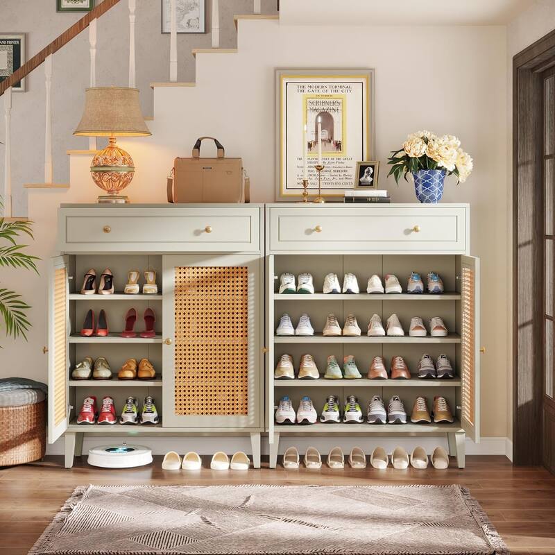 Modern Shoe Cabinet with Doors, Rattan Shoes Storage Cabinet