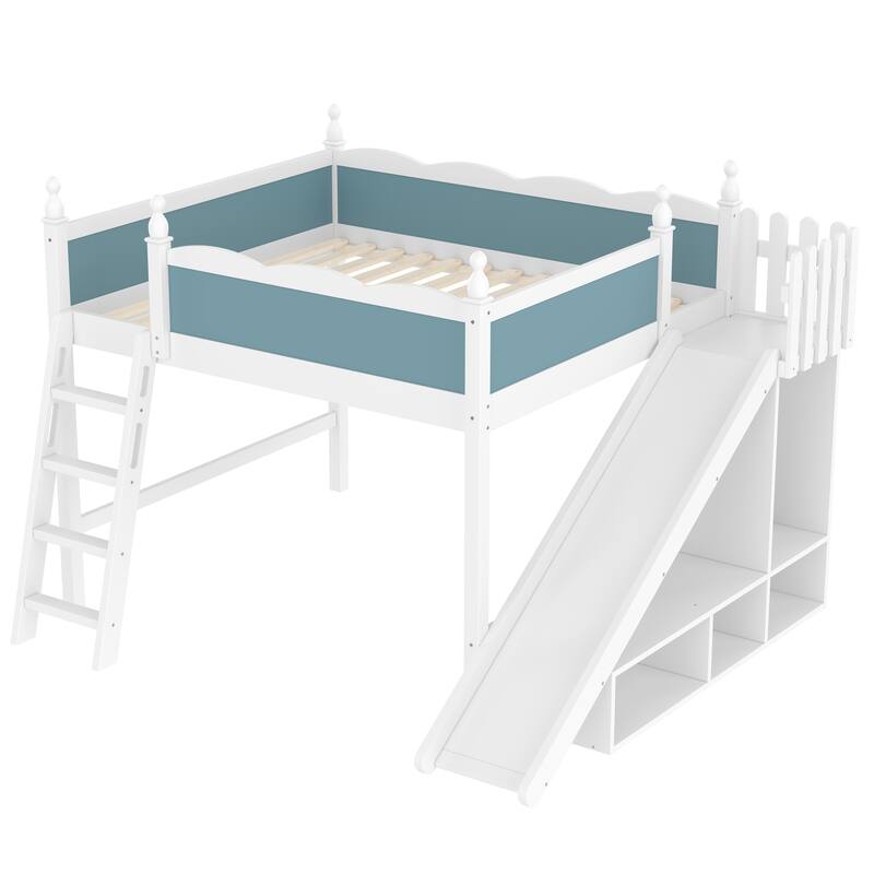 Queen Loft Bed with Storage Shelves and Cabinet, Solid Wood Loft Beds with Detachable Slide and Ladders, No Spring Box Needed