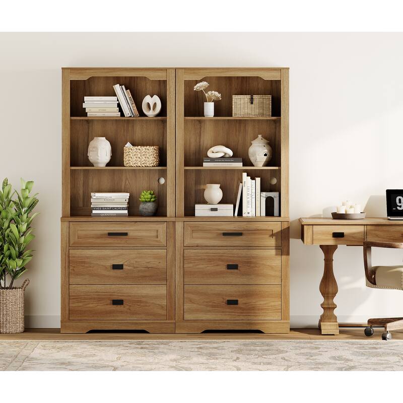 3 Tier Bookcase with Drawer,73.3" Tall Floor Standing Bookshelf - 63" - Vintage Oak