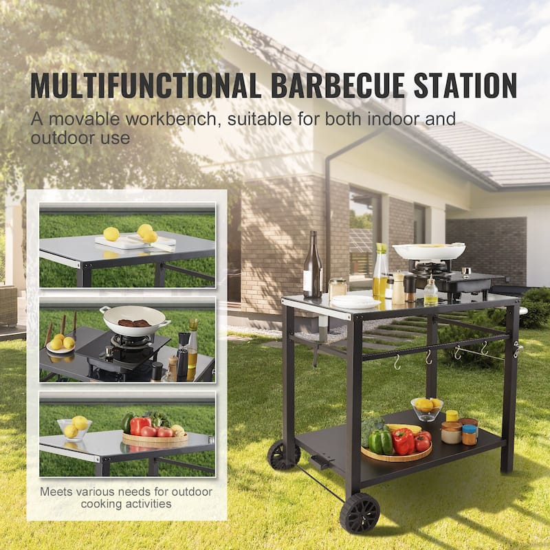 Black Outdoor BBQ Prep Table with Storage Shelves and Accessories - 39.37” L x 25.19” W x 32.87” H