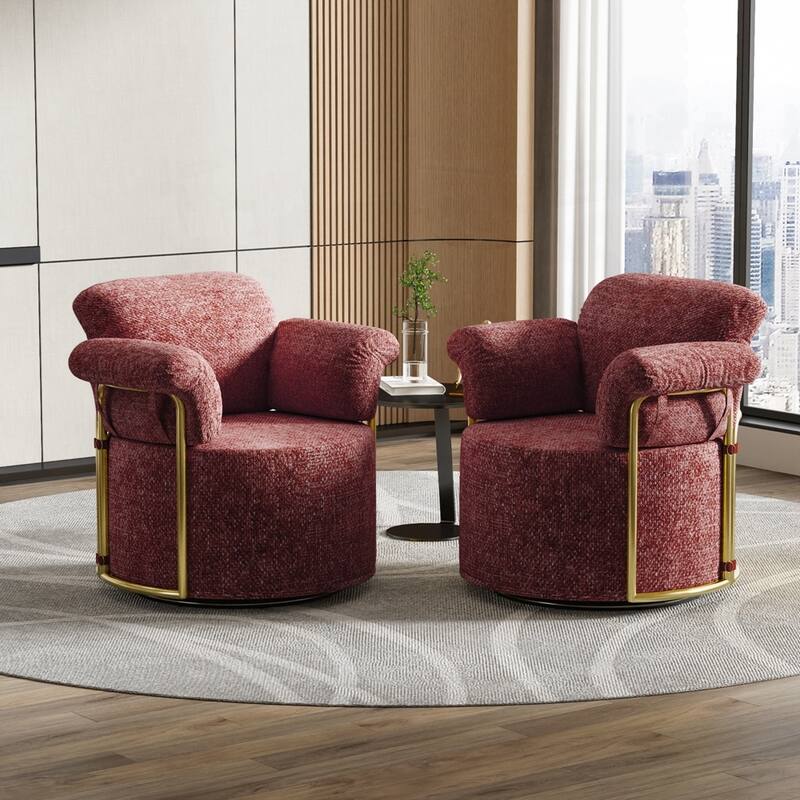 360 Degree Barrel Swivel Fluffy Fabric Lounge Wide Upholstered Reading Chair with Gold Metal Legs
