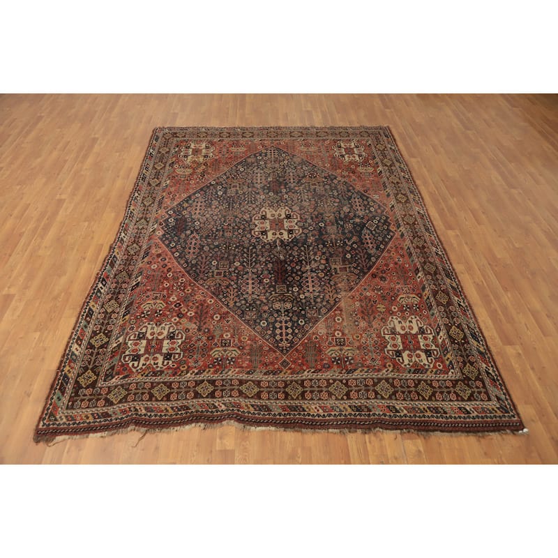 Hand Knotted Oriental 100% Wool Carpet Traditional Tribal Navy Blue & Blues Qashqai Area Rug - 9' 11'' X 7' 3''