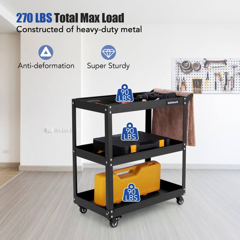 Gymax 3-Tier Rolling Tool Cart w/ 3 Spacious Shelves 4 Universal