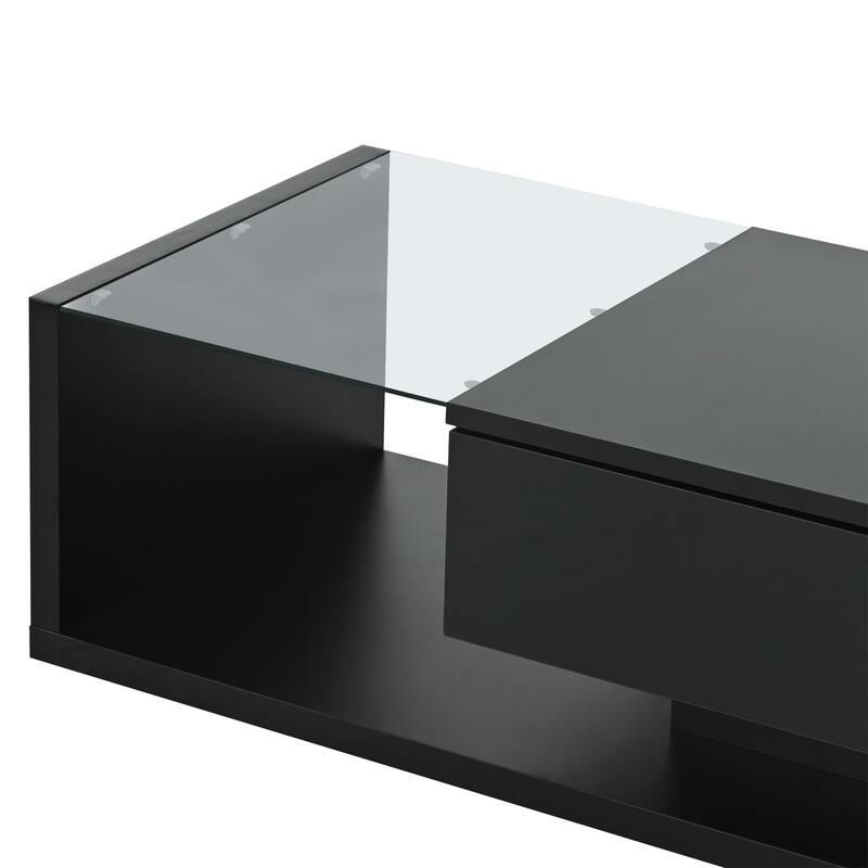 Roomfitters Modern Coffee Table with Tempered Glass Top, High Gloss 2-Tier Rectangle Center Table for Living Room