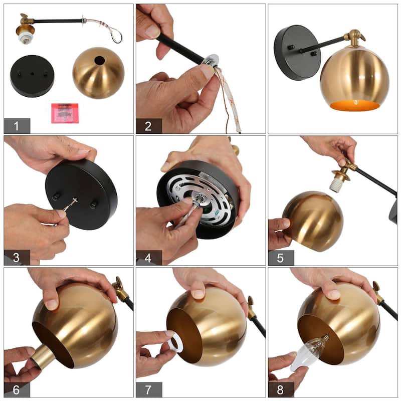 Modern Black Gold 1-Light Metal Globe Wall Sconces Industrial Armed Sconce