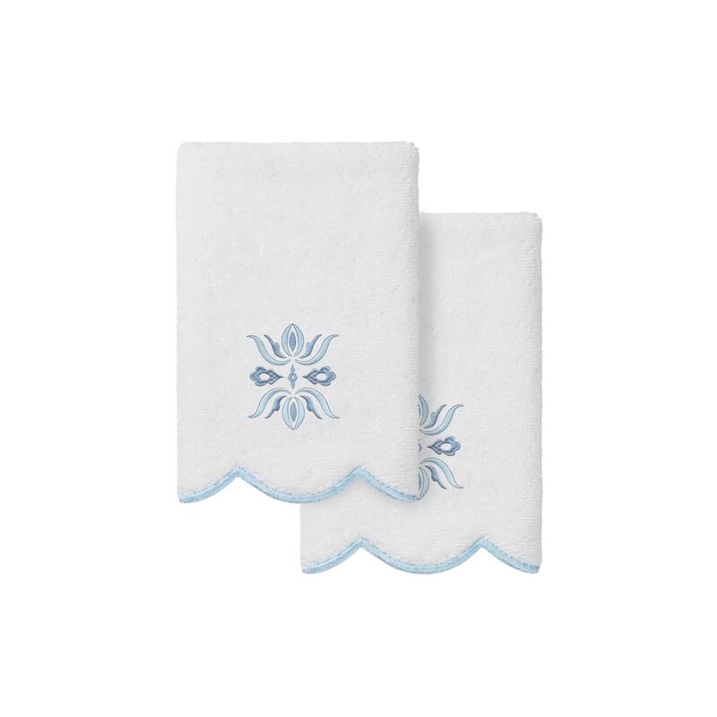 Authentic Hotel and Spa 100% Turkish Cotton FLOWER CREST Scallop Towel Collection - White/Blue - 2 Fingertip Towels