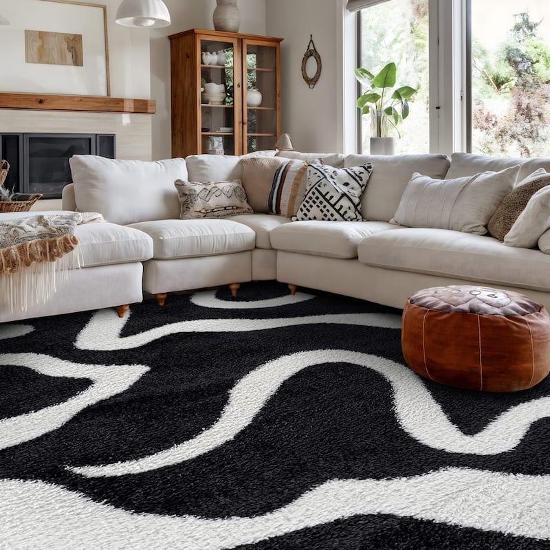 Striped Shag Rug - Durable for Living Room, Bedroom, or Entryway - Anthracite Dark Gray - Easy to Clean