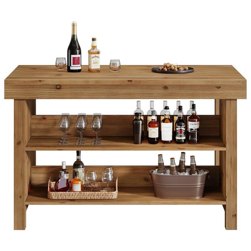 3-Tier 55-Inch Bar Table, Solid Wood Farmhouse Home Bar Unit