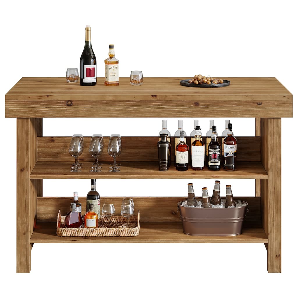 3-Tier 55-Inch Bar Table, Solid Wood Rectangular Home Bar Unit