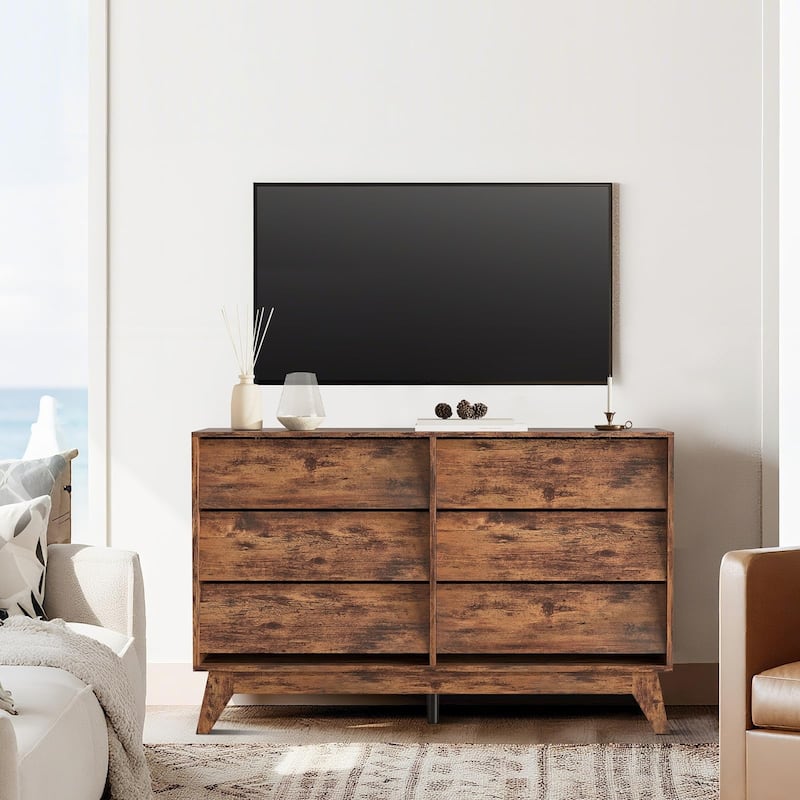 6-Drawer Dresser for Bedroom, 47.2" Wide Wooden Chest with Bevel Design, Mid-Century Vintage TV Stand