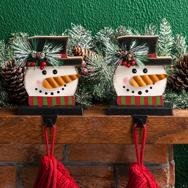 Glitzhome Christmas Wooden/Metal LED Snowman Paw Stocking Holders Mantel Ornament
