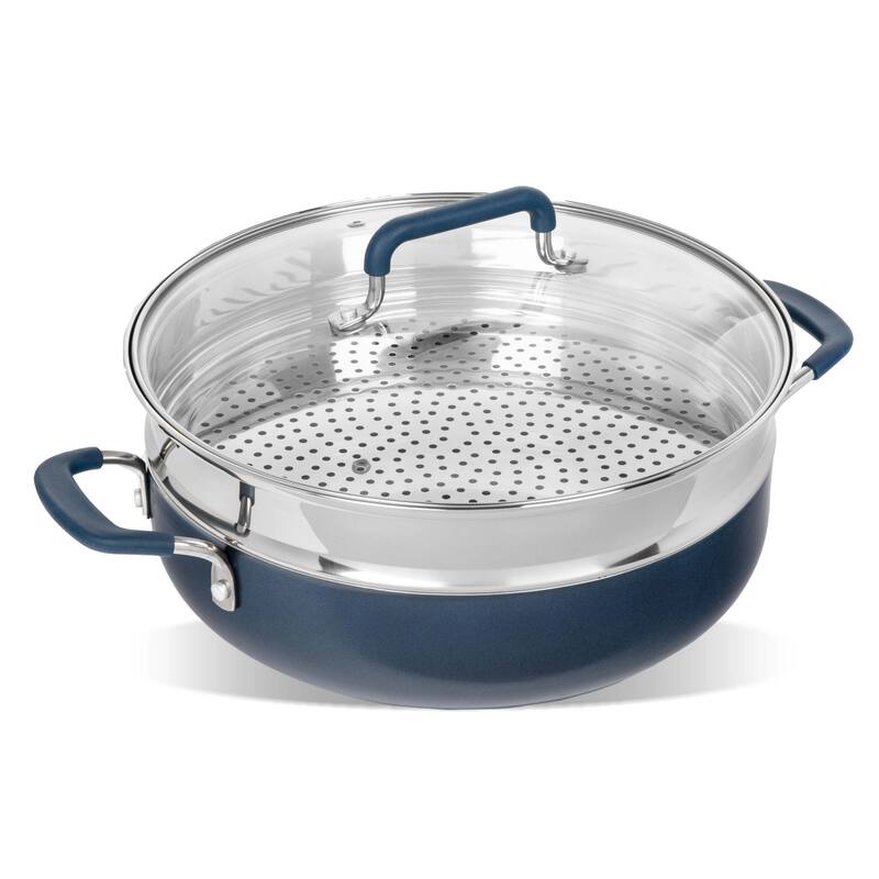 Granitestone Black 3 Piece Nonstick 5.5 Qt Everyday Pan with Lid and Steamer Insert - Speckled Multipurpose Cookware Set - Blue