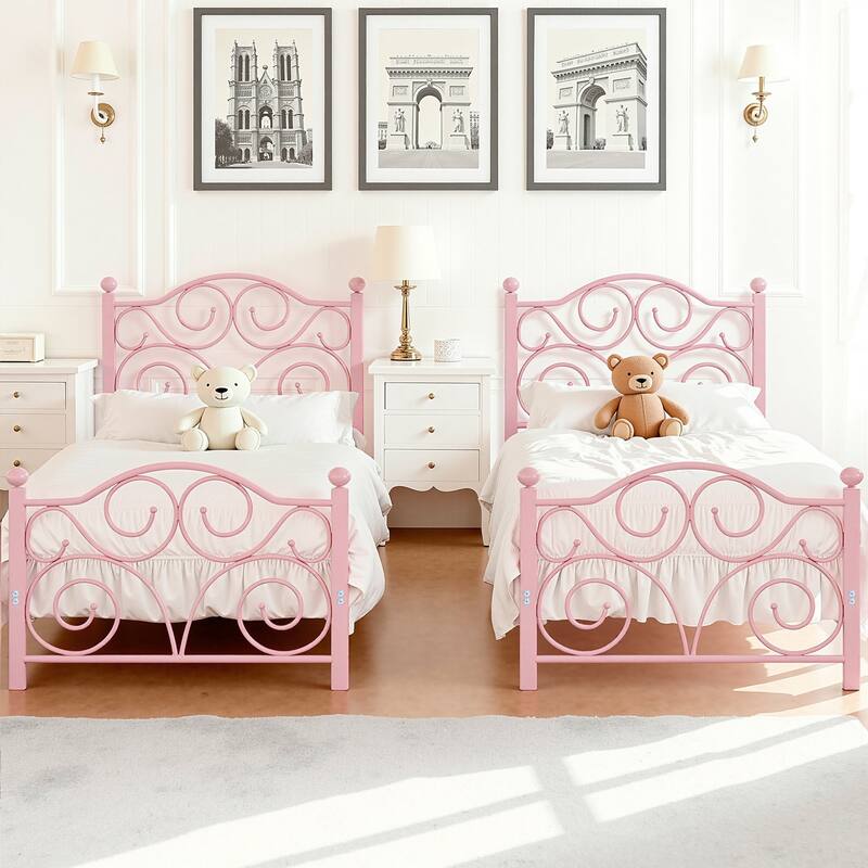 Javlergo 2-Pack Twin Size Victorian Metal Bed Frame for Kids with Headboard & Footboard No Box Spring Needed - Pink