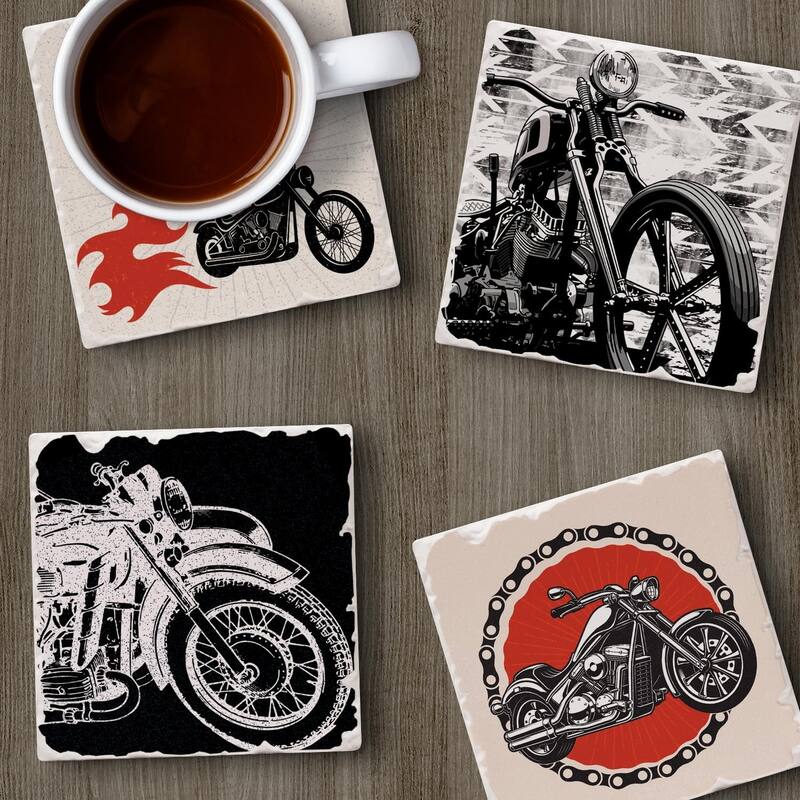 Motorcycles 4-Pack Tumbled Tile Stone Coasters with Protective Cork Backing 4" Square Made in The USA Artistic Absorbent