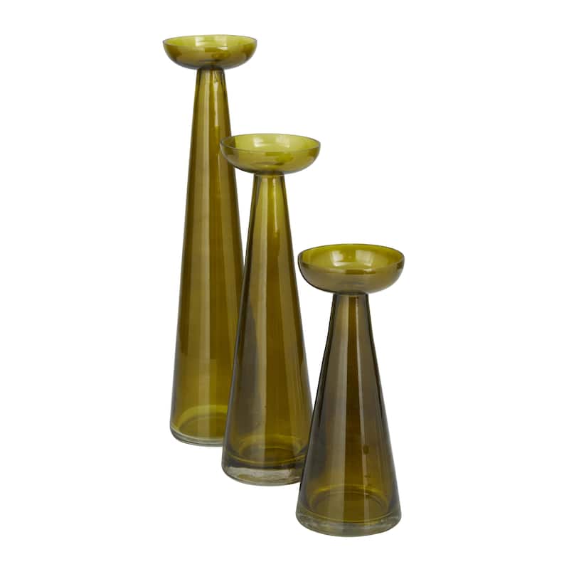 Glass Tapered Cone Candle Holder with Rounded Candle Plates - Set of 3 Green, Gold, Clear - Roche River Decor