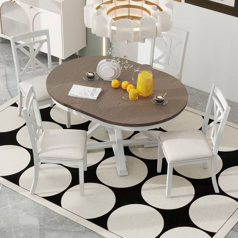 5 PCS Retro Functional Dining Table Set for 4 Extendable Round Table and 4 Upholstered Chairs - Brown + Antique White