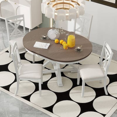 5 PCS Retro Functional Dining Table Set for 4 Extendable Round Table and 4 Upholstered Chairs
