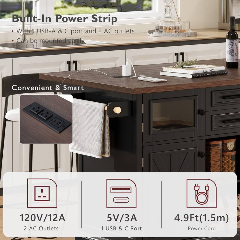 Farmhouse 54.9" Kitchen Island with Drop Leaf and Power Outlet, Stylish Storage Cart with Barn Doors