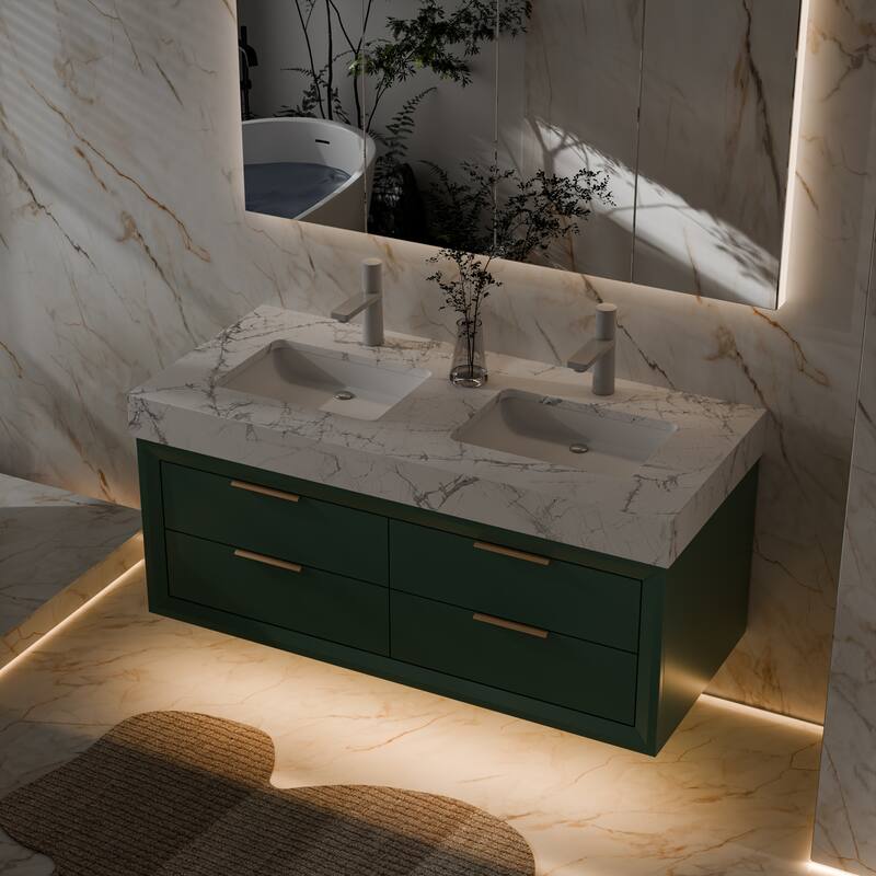 Modland 48" Wall-Mount Double Vanity with LED Light & 6 Drawers - Solid Oak, White / Green - 48 inch