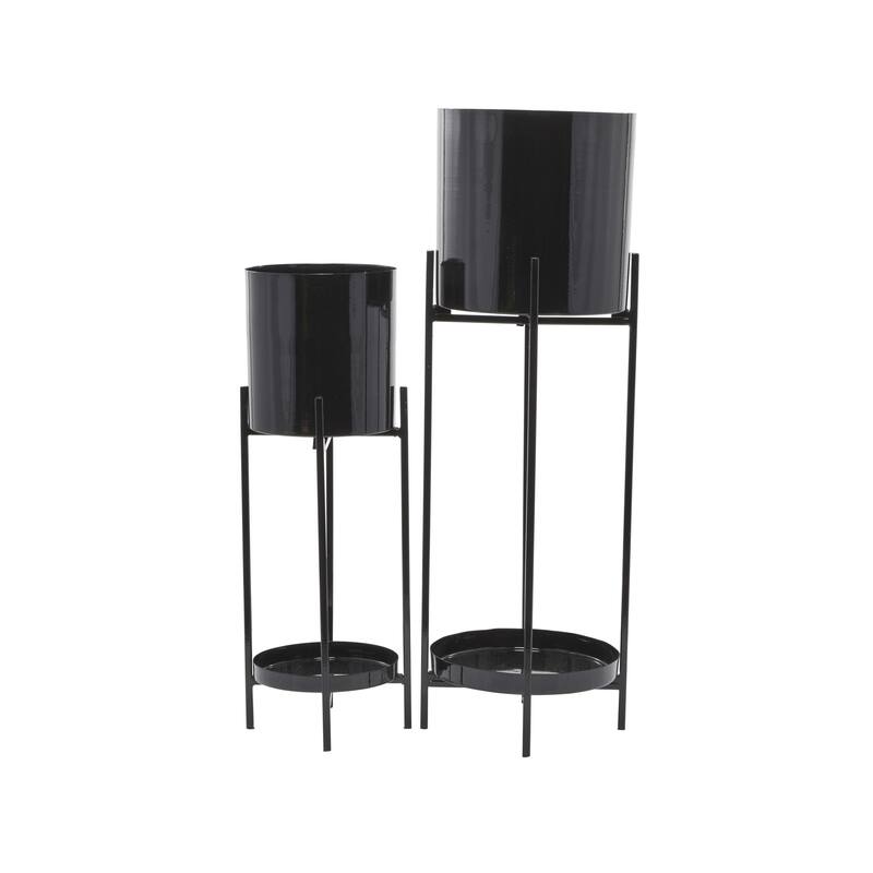 Metal Indoor Outdoor Planter with Lower Shelf and Removable Stand - Set of 2 Black - CosmoLiving by Cosmopolitan