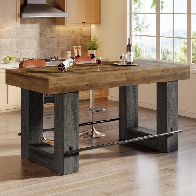 63-Inch Counter Height Bar Table, Large High Top Kitchen Table - Brown&Grey