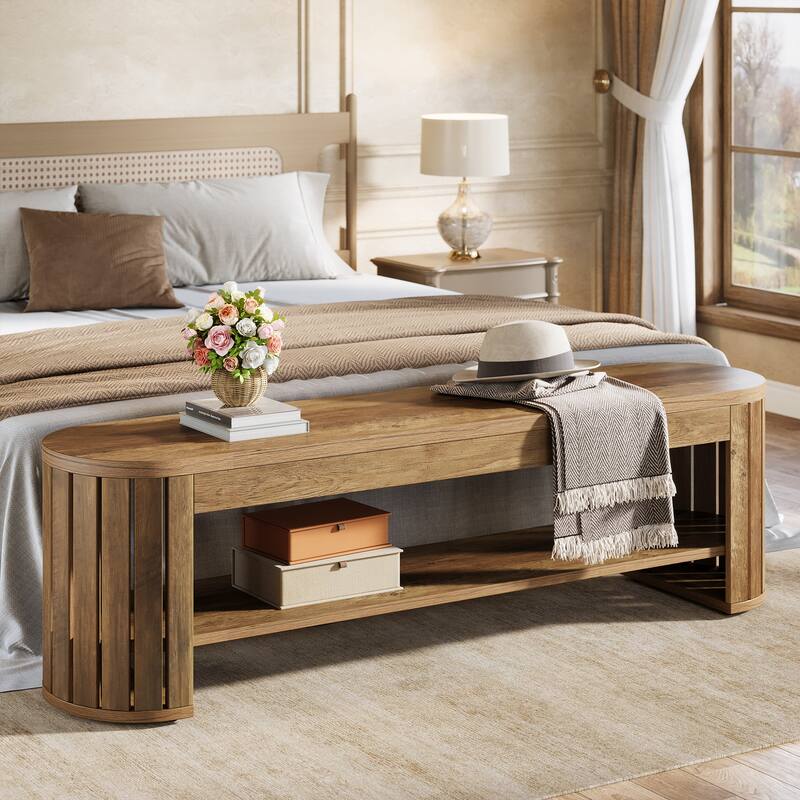 Wooden Entryway Bench, 63" 2-Tier Narrow Shoe Bench