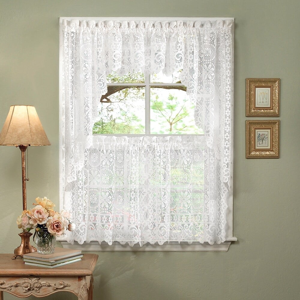 Sweet Home Collection Hopewell Old World Style White Floral Lace Kitchen Curtains - Swag, Tier & Valance