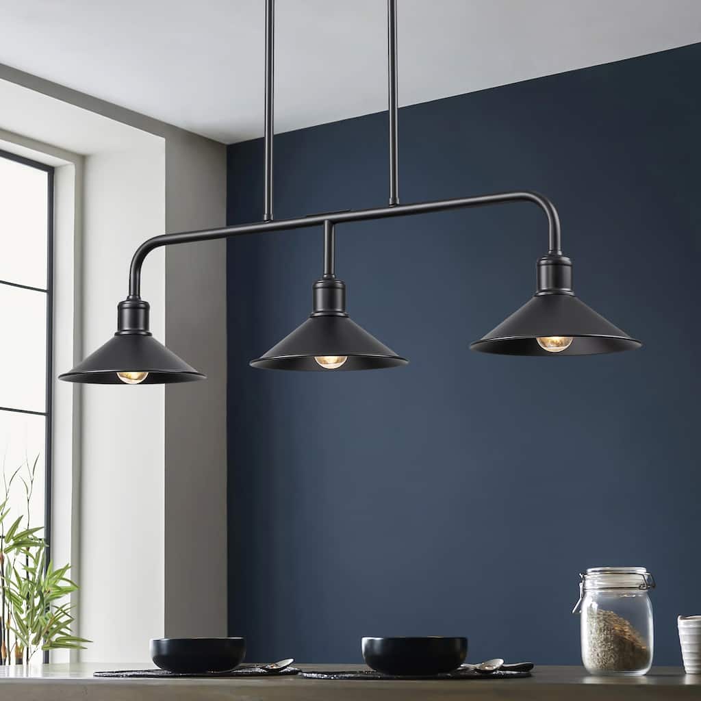 34" Modern Industrial Farmhouse Black Linear 3-Light Island Pendant Light with Cone Shades for Kitchen and Dining Room