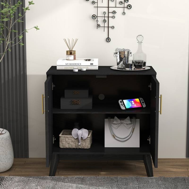 Fluted Sideboard Cabinet with Adjustable Shelves and Solid Wood Leg - Black
