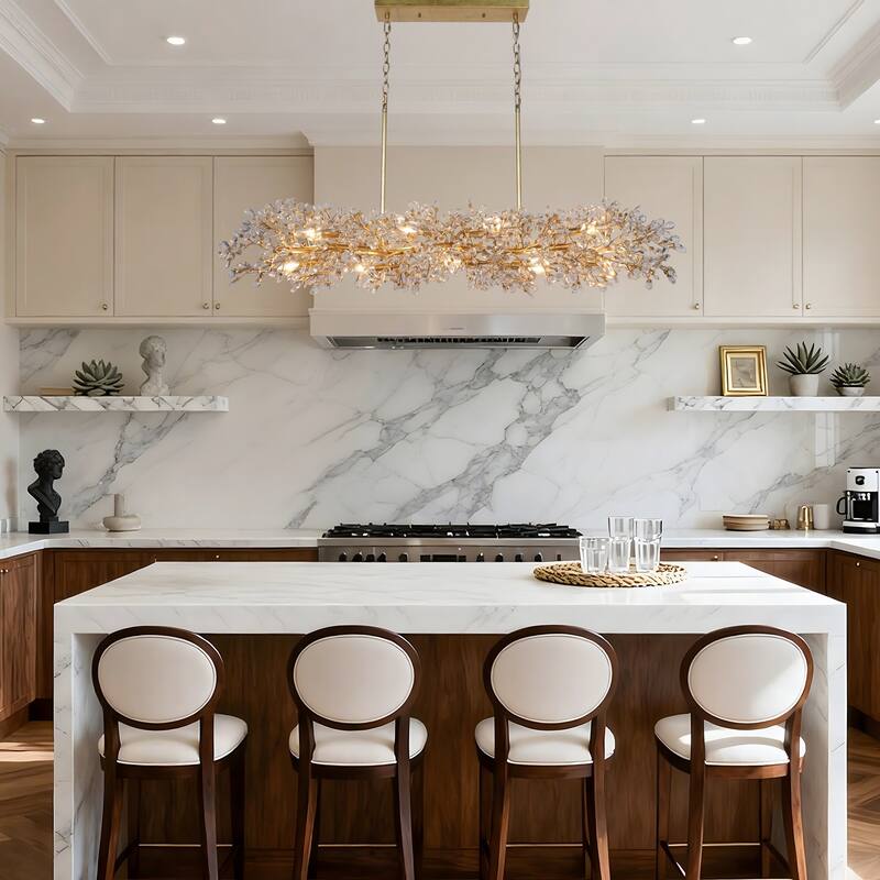 Aureflor 7-Light Antique Gold Foil Crystal Floral Island Chandelier for Kitchen Island Dining Room