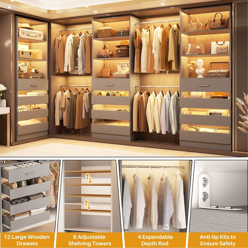 140'' Walk-in Closet Organizer System with 12 Drawers ＆ 4 Hanging Rods, 8.5-11.5FT Wooden Wardrobe Clothes Rack with 3 Towers