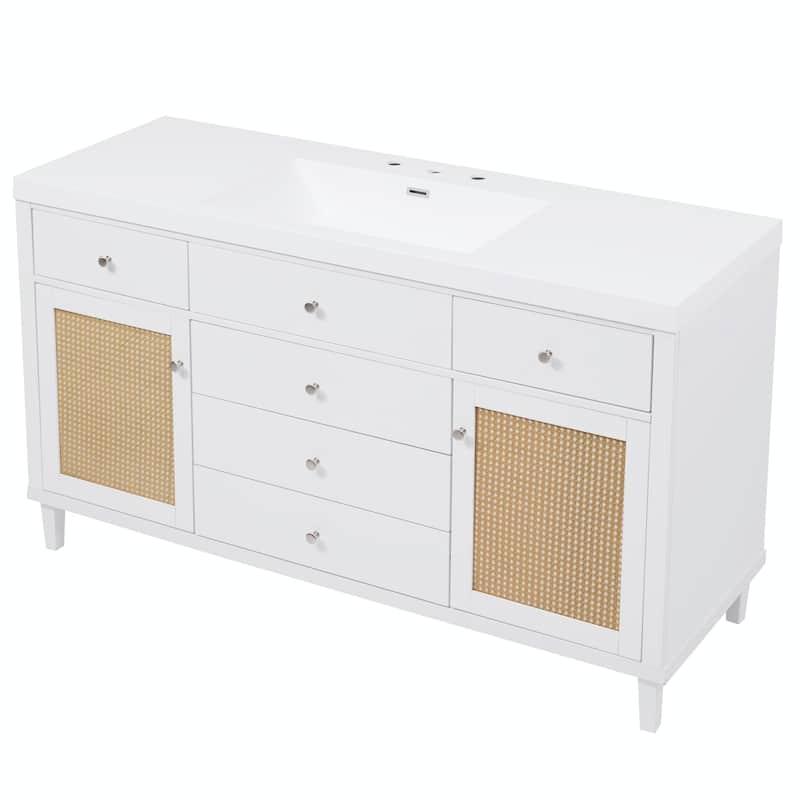 60" Bathroom Vanity with SMC Sink - Modern Large Storage Cabinet with Soft Close Drawers and Rattan Doors