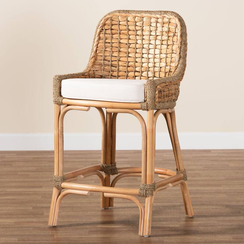 Kyle Bohemian Natural Brown Woven Rattan Counter Stool with Cushion