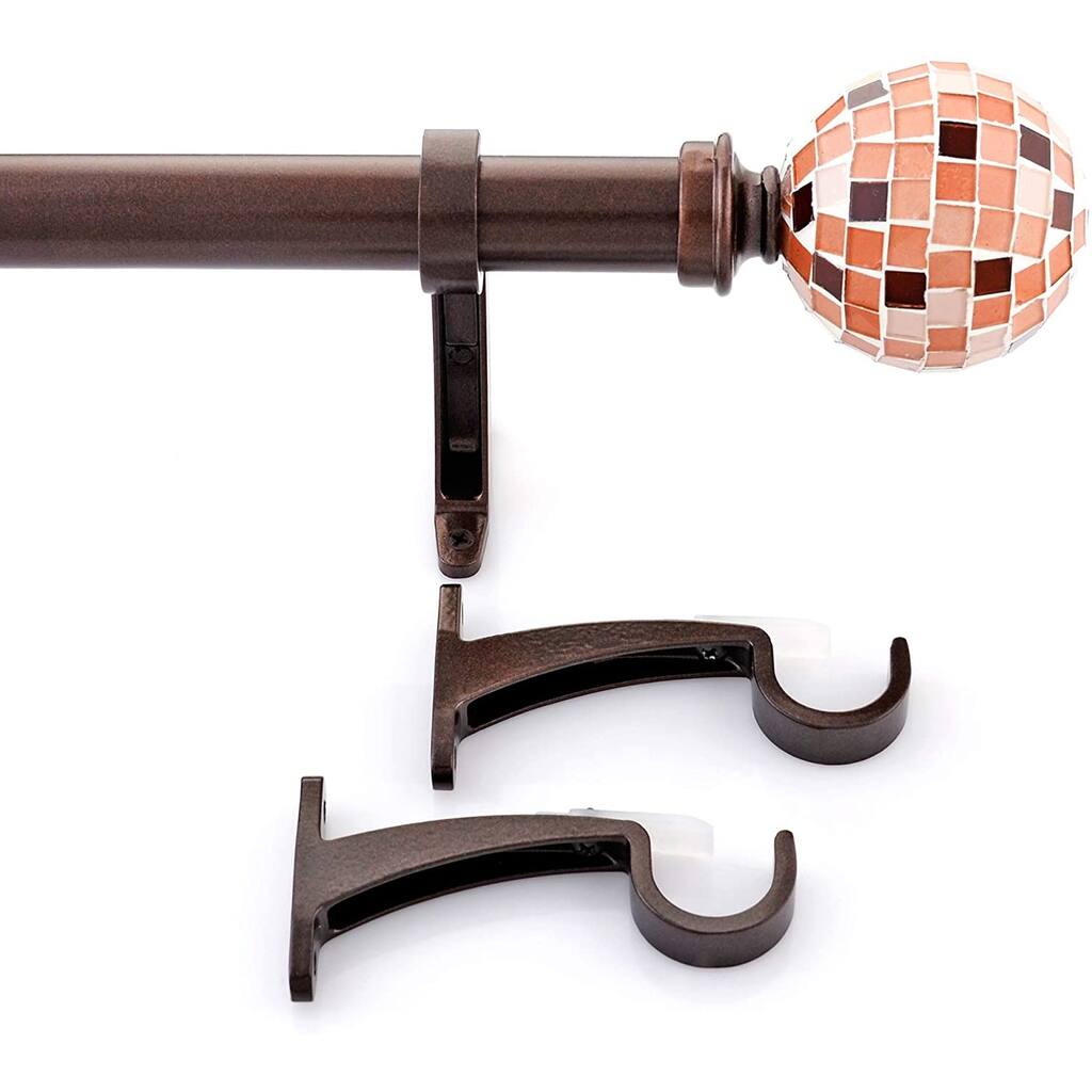 1 Inch Adjustable Brown Curtain Rod for Windows & Doors Curtains with Mac Mosaic Finials & Brackets Set -By Deco Window