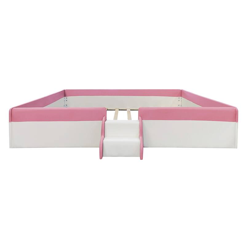 Roomfitters Twin/Full/Queen/King Size Upholstered Daybed Frame with Safety Fence and Stairs, PU Fabric Platform Bed with Slats