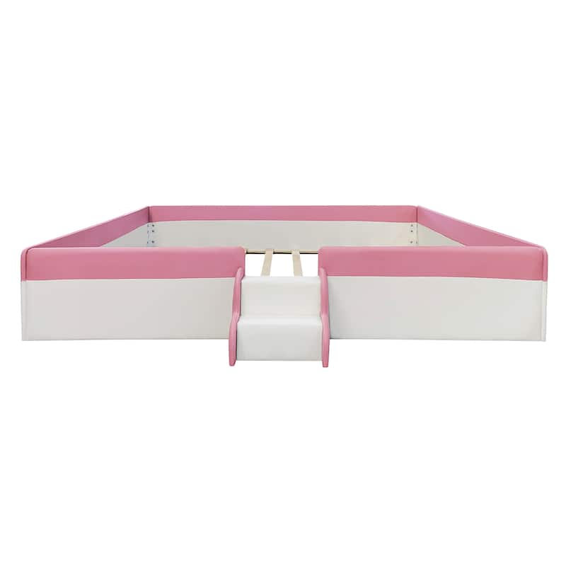 Upholstered Daybed Frame Two-color Grounded Toddler Floor Bed Low Profile Sofa Bed with Fence and Stairs Wood Slat Support Bed