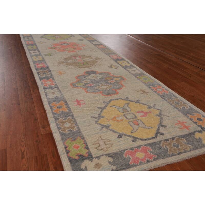 Hand Knotted Oriental 100% Wool Carpet Transitional Geometric Beige & Ivories Oushak Runner Rug - 9' 2'' X 3' 1''