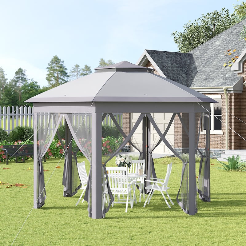Outsunny 13'x11' Pop Up Gazebo, Double Roof Canopy Tent with Zippered Mesh Sidewalls, Height Adjustable and Carrying Bag - Grey
