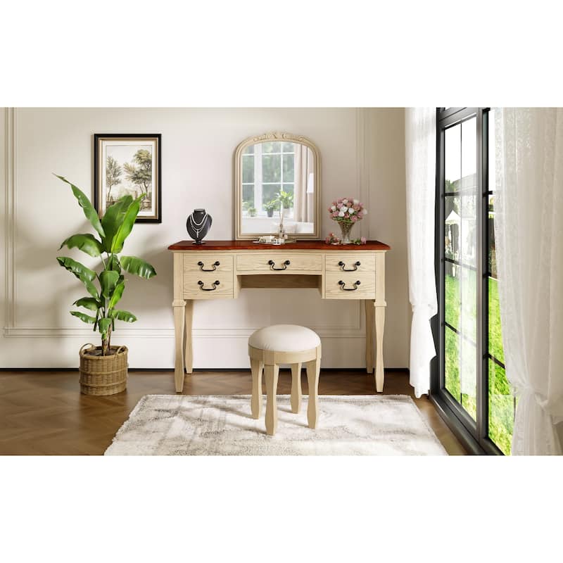 Roomfitters 46" Makeup Vanity with Mirror and Stool, French Country Dressing Table Desk with 5 Drawers, Brown+Antique White