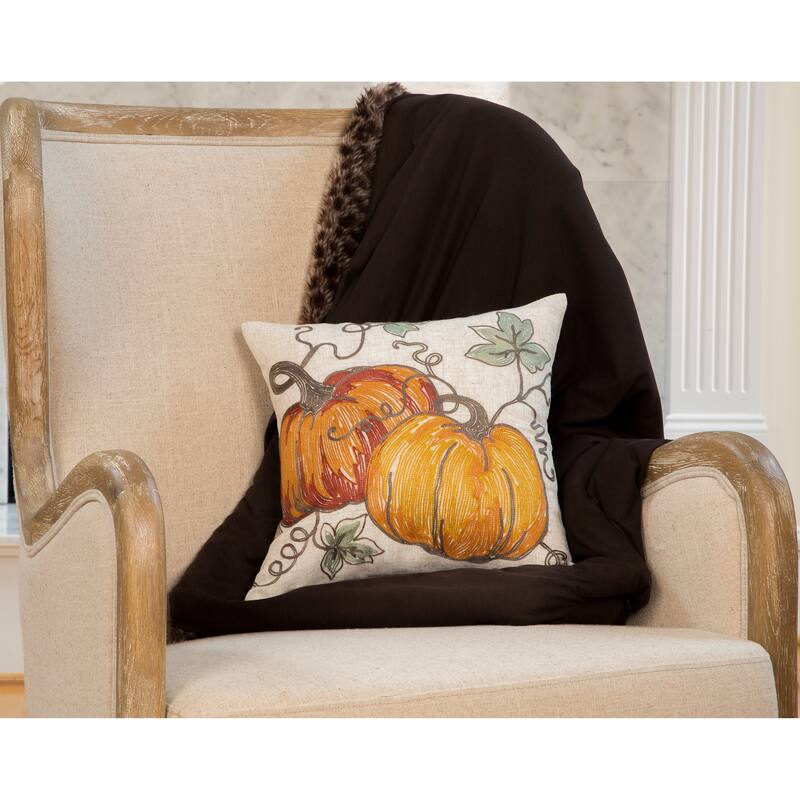 Rustic Pumpkin Crewel Embroidered Fall Pillow, 14 by 14-Inch