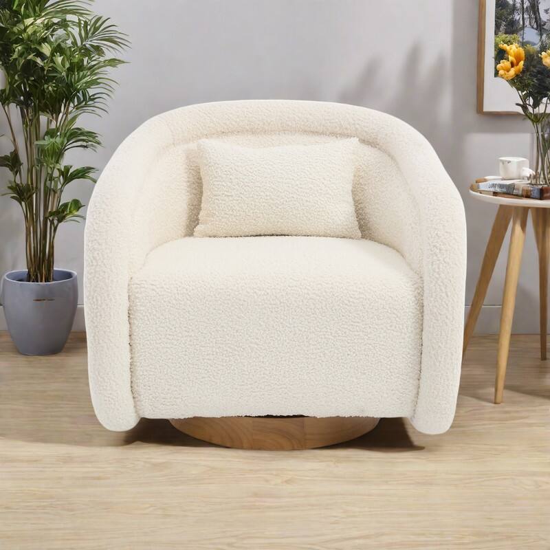 Velvet Swivel 360° Rotating Barrel Chair with Solid Rubberwood Base and High-Density Foam - White