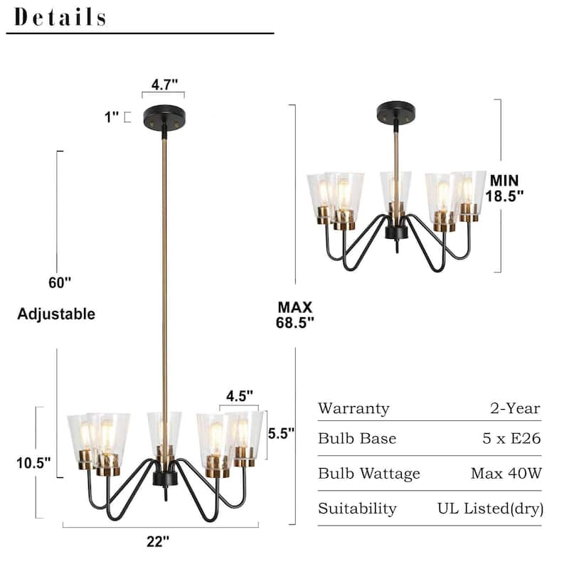 Ivelle Modern 5-Light Black Gold Wheel Chandelier Seeded Glass Pendant Lights for Dining Room - 22 “