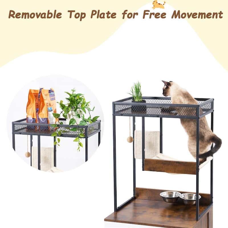 Hidden Cat Litter Box Enclosures with Cat Tree Tower - White+Vintage