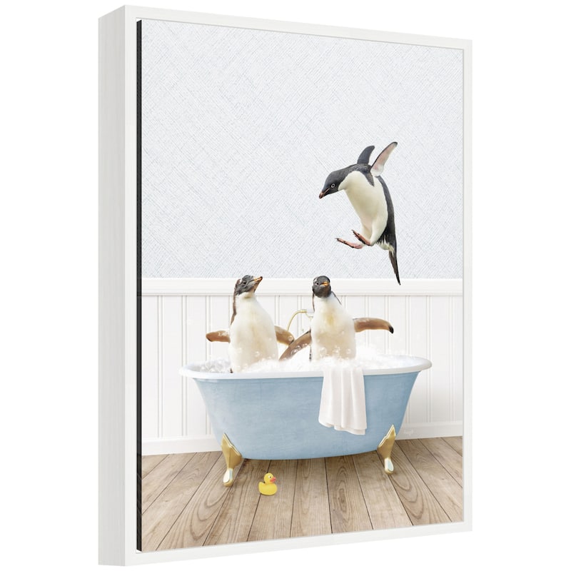 Kate and Laurel Sylvie Penguins in Cottage Blue Bathtub Framed Canvas by Amy Peterson - White
