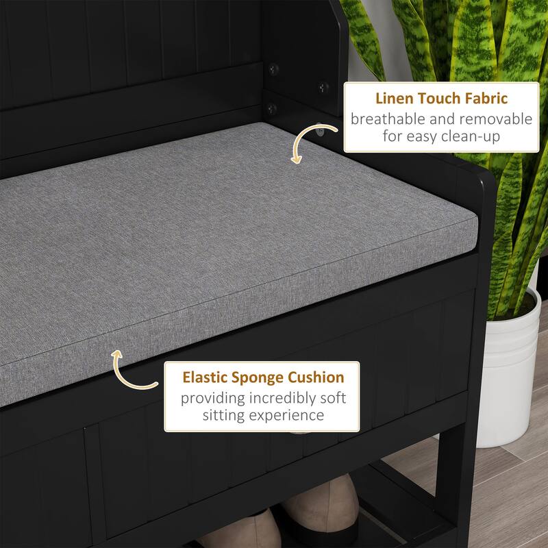 HOMCOM Coat Rack and Bench Hall Tree Organizer with 4 Hooks, 2 Drawers with Padded Seat Cushions for Entryway, Black