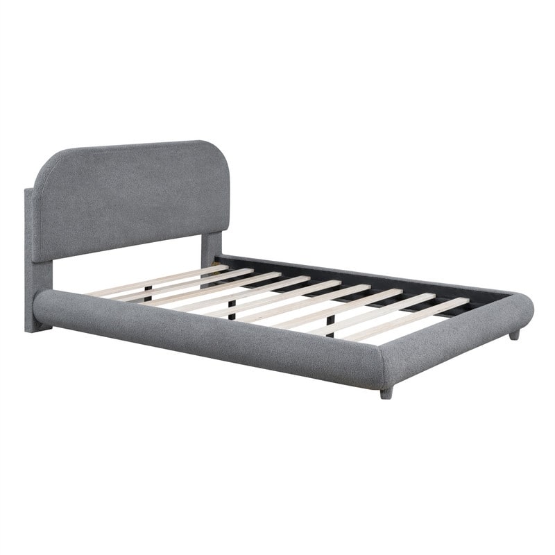 Teddy Fleece Upholstered Bed Frame with Curved Shaped Headboard, Full/Queen Size Platform Bed with Wood Slats Support