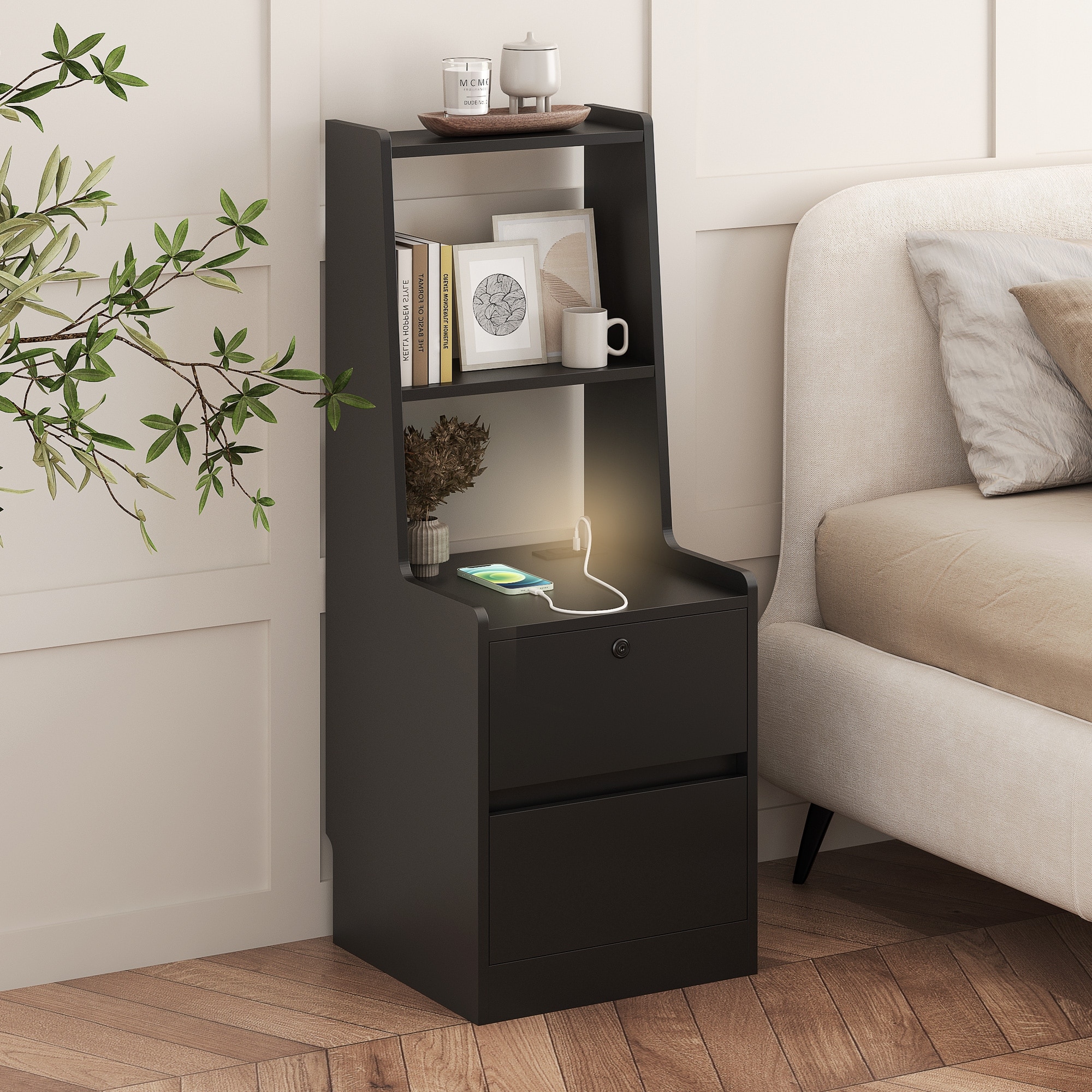 Nightstand with Charging Station, Smart Nightstand with Night Light, Modern Night Stand