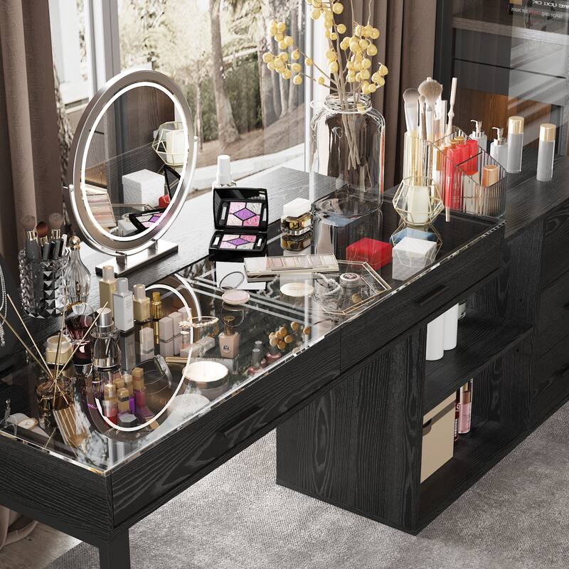 Black L-Shaped Desk with Glass Top Adjustable Writing Table with 5 Drawers, Sliding Top Reversible